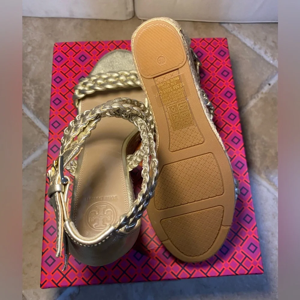 New‎ in Box Tory Burch Women’s Bailey Metallic Leather Espadrille Platform Wedge